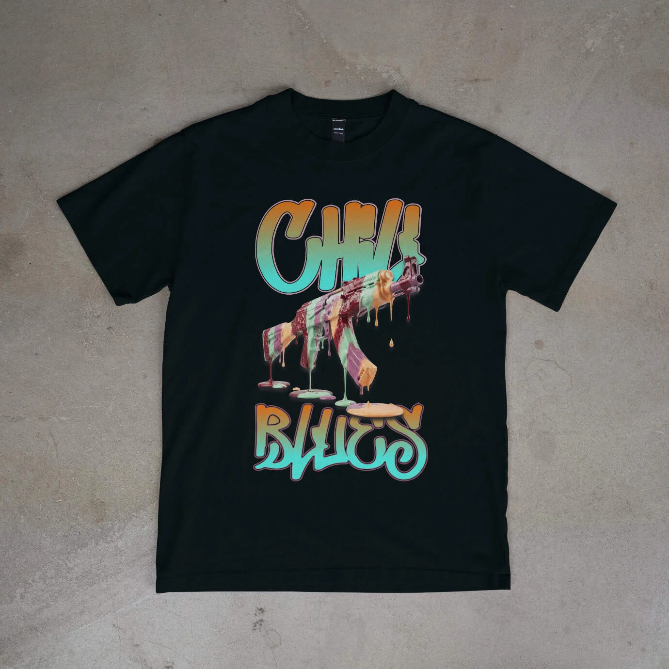 Black T-shirt with colorful "Chill Vibes" graffiti design and melting paint effect.