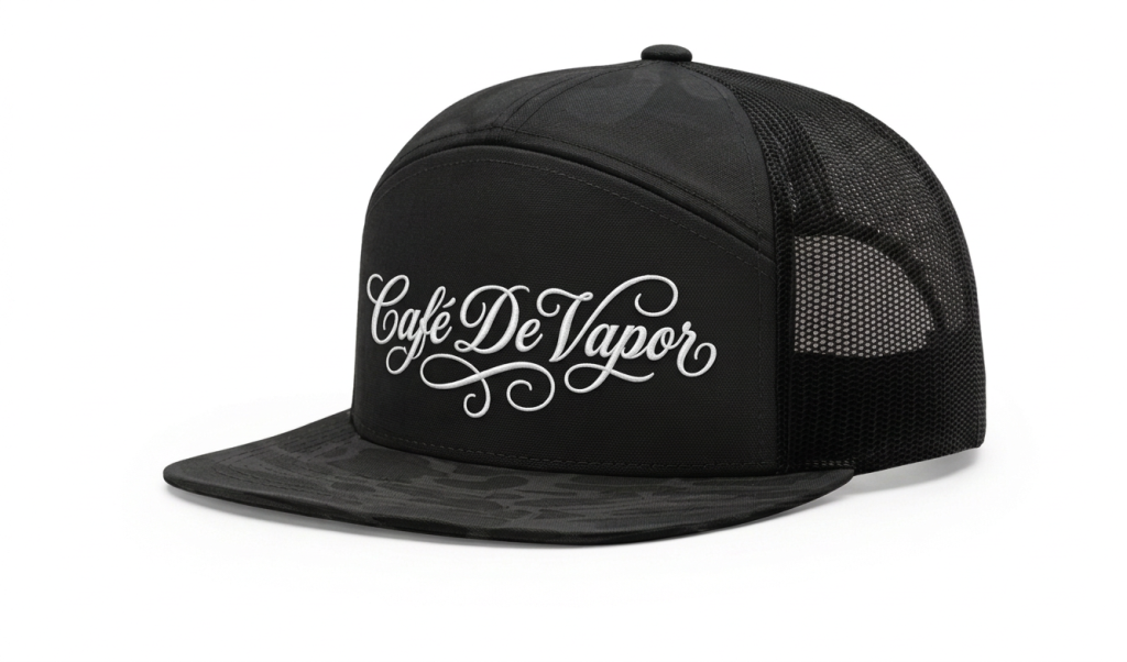 Cafe De Vapor trucker hat with embroidered logo on front. Trucker hat with Cafe De Vapor logo, black mesh back, and adjustable strap.