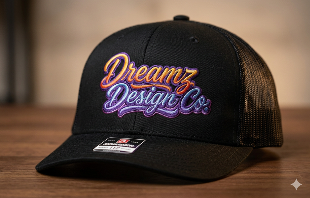 Dreamz Design Co embroidered cap Embroidered black cap with Dreamz Design Co logo, perfect for branding and promotional events.