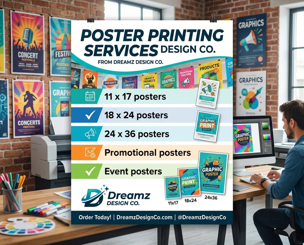 Custom Poster Printing Services for Events and Promotions High-quality poster printing for events, promotions, and advertising campaigns at Dreamz Design Co.