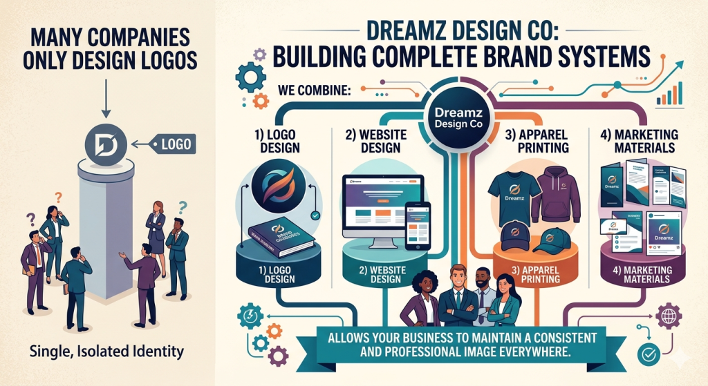Dreamz Design Co: Complete Brand System Solutions Illustration of Dreamz Design Co building brand systems with logo, website, apparel, and marketing m.