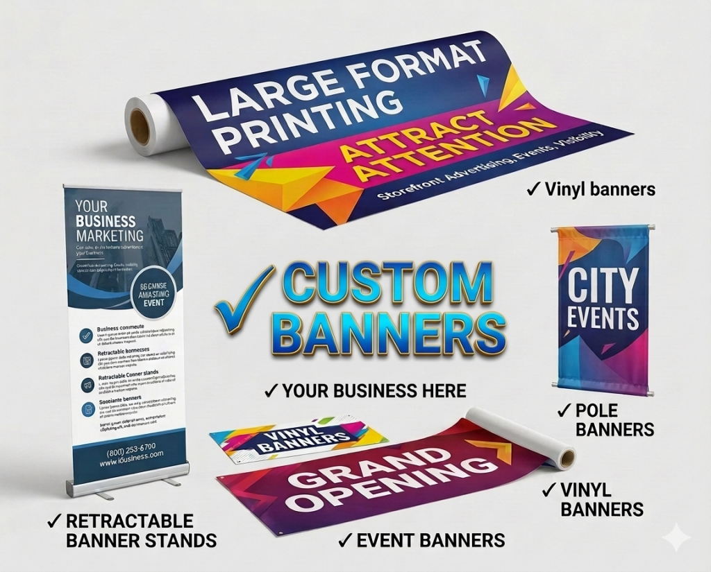 Custom Banner Printing Solutions for Events and Promotions High-quality custom banners including vinyl, pole, retractable stands, and event banners for marketi.