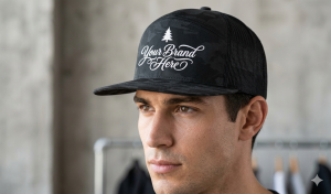 Custom Cap with Your Brand Logo Black trucker cap featuring customizable "Your Brand Here" logo and pine tree graphic.