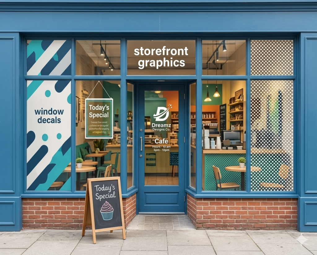 Dreamz Design Co storefront with interior decor and signage Storefront graphic design and window decals for Dreamz Design Co. cafe, featuring modern branding an.