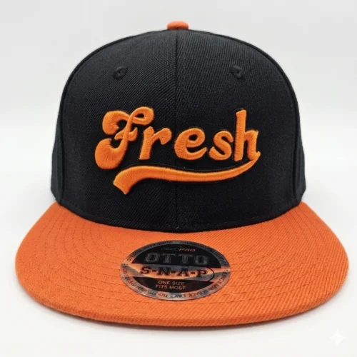 3D embroidered orange FRESH on black Otto Cap hat with orange bill