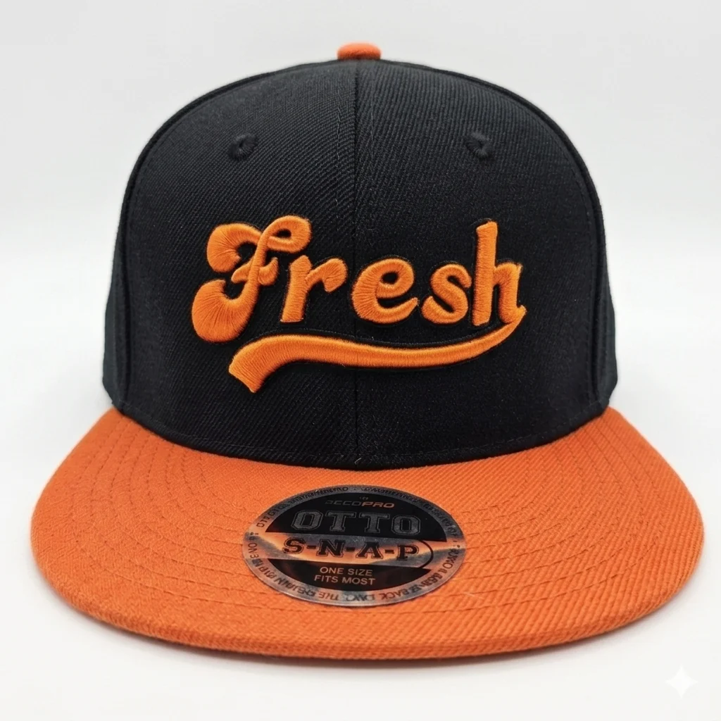 3D embroidered orange FRESH on black Otto Cap hat with orange bill