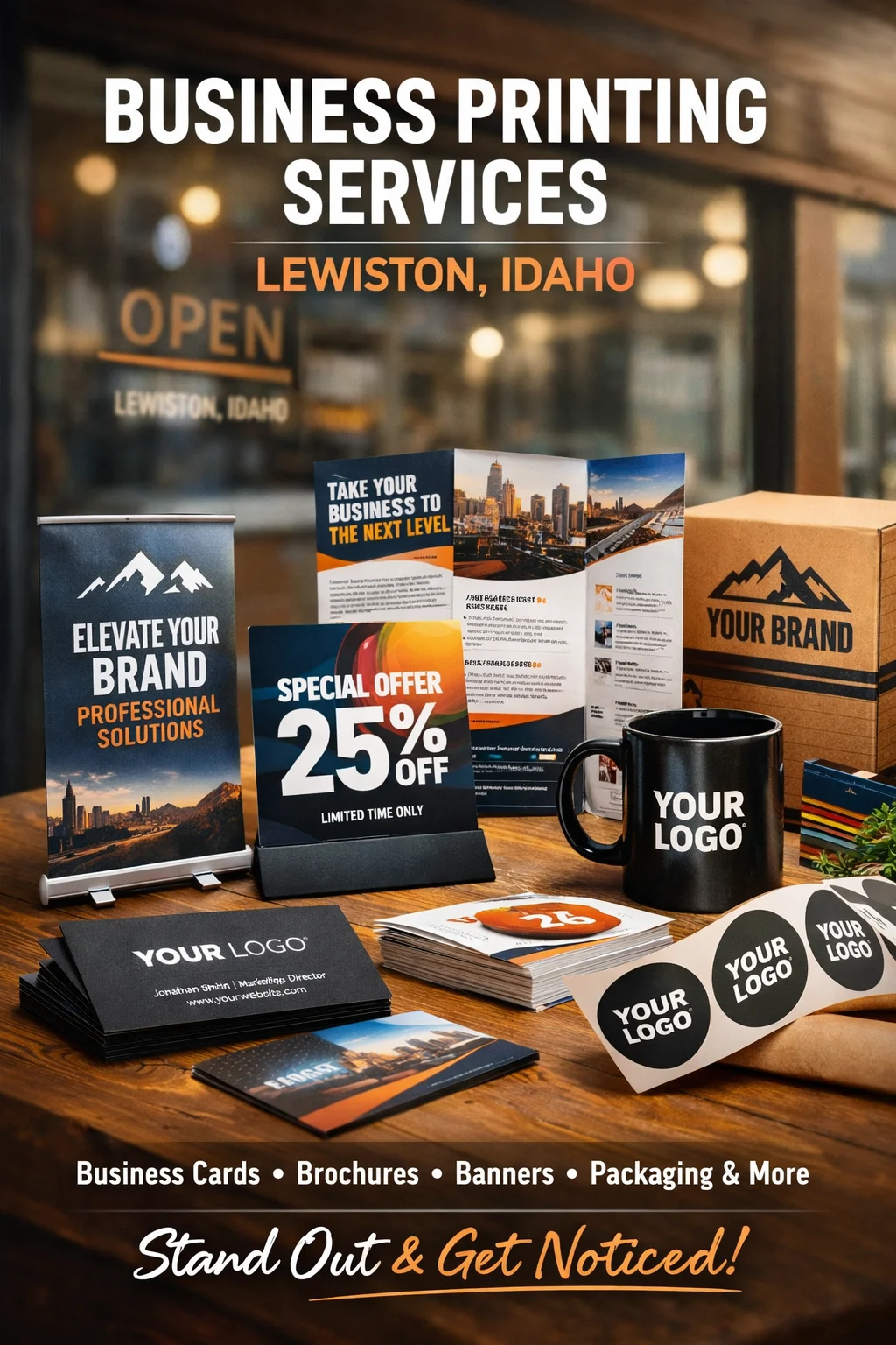 Business printing services in Lewiston, Idaho for branding, marketing, and promotional materials. Hi.
