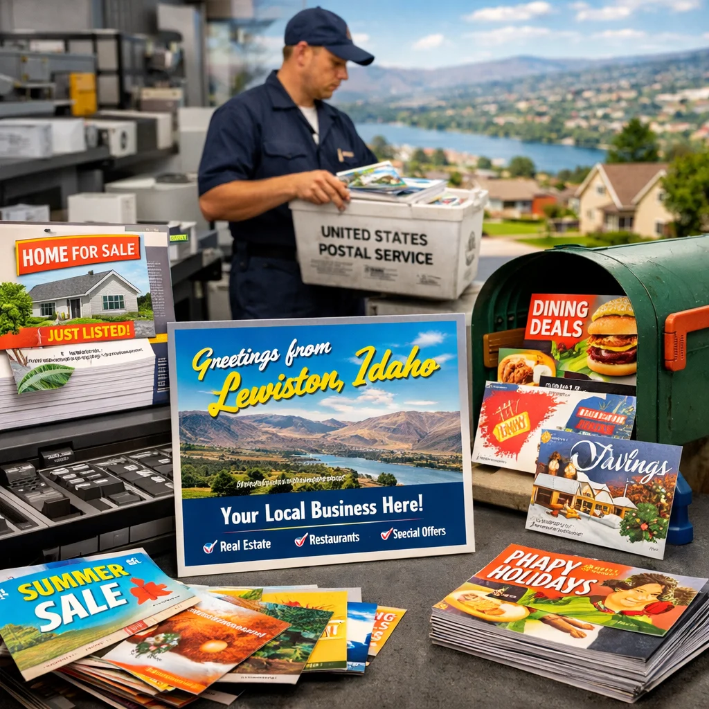 Post Office Mail Carrier with Local Flyers and Brochures in Lewiston Idaho Mail carrier sorting flyers and brochures on a postal service route in Lewiston, Idaho.
