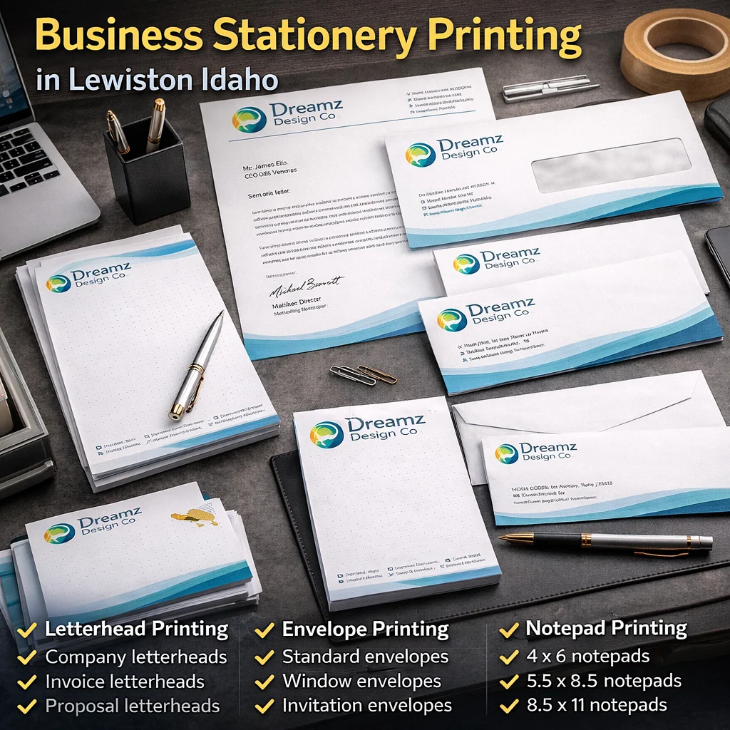 Business Stationery Printing in Lewiston Idaho Custom business stationery printing services in Lewiston Idaho by Dreamz Design Co.
