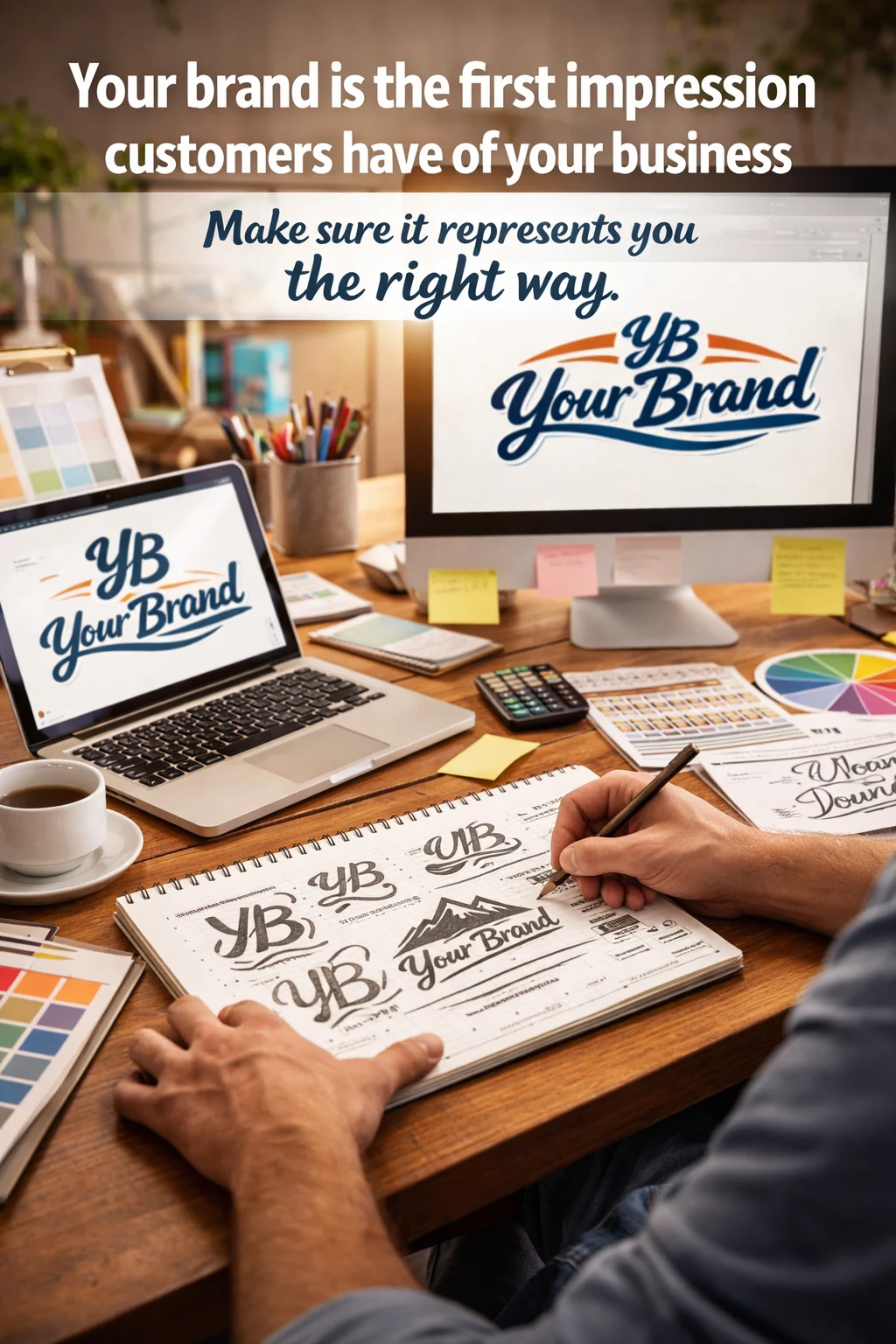 Dreamz Design Co Branding Creative logo design process for Your Brand on a workspace with branding tools.