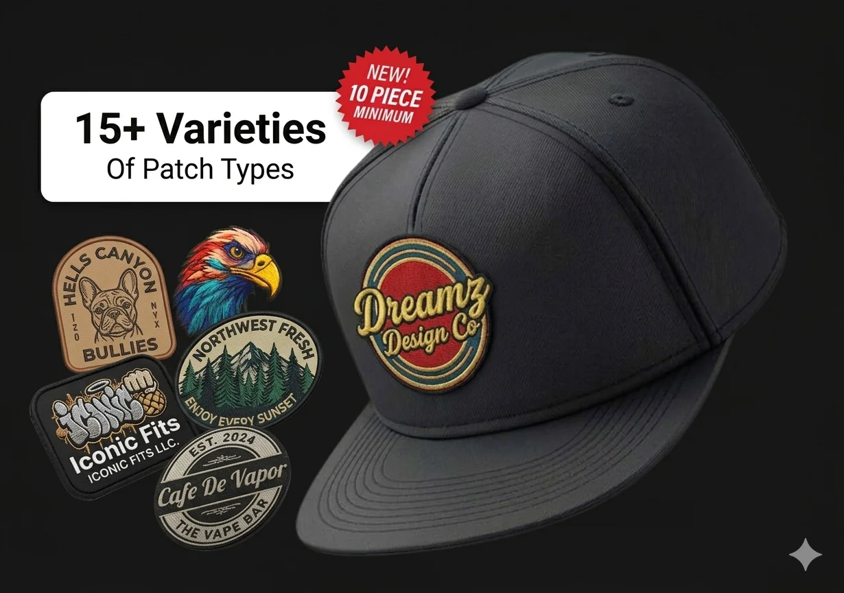 Dreamz Design Co Hat with Patch Collection Custom embroidered hat featuring Dreamz Design Co patch and various patch options.