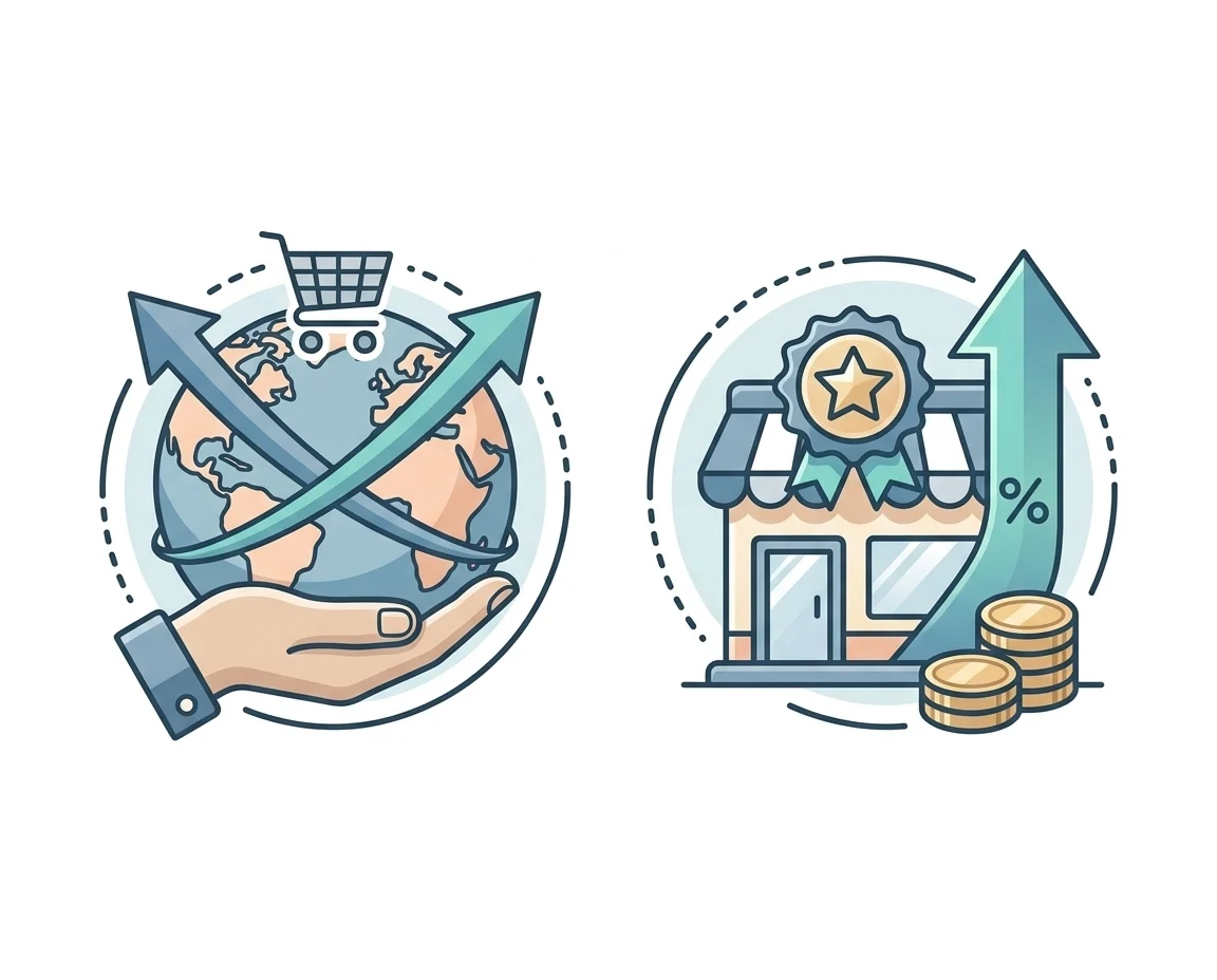 Global business growth and e-commerce success illustration with upward arrows, shopping cart, and co.