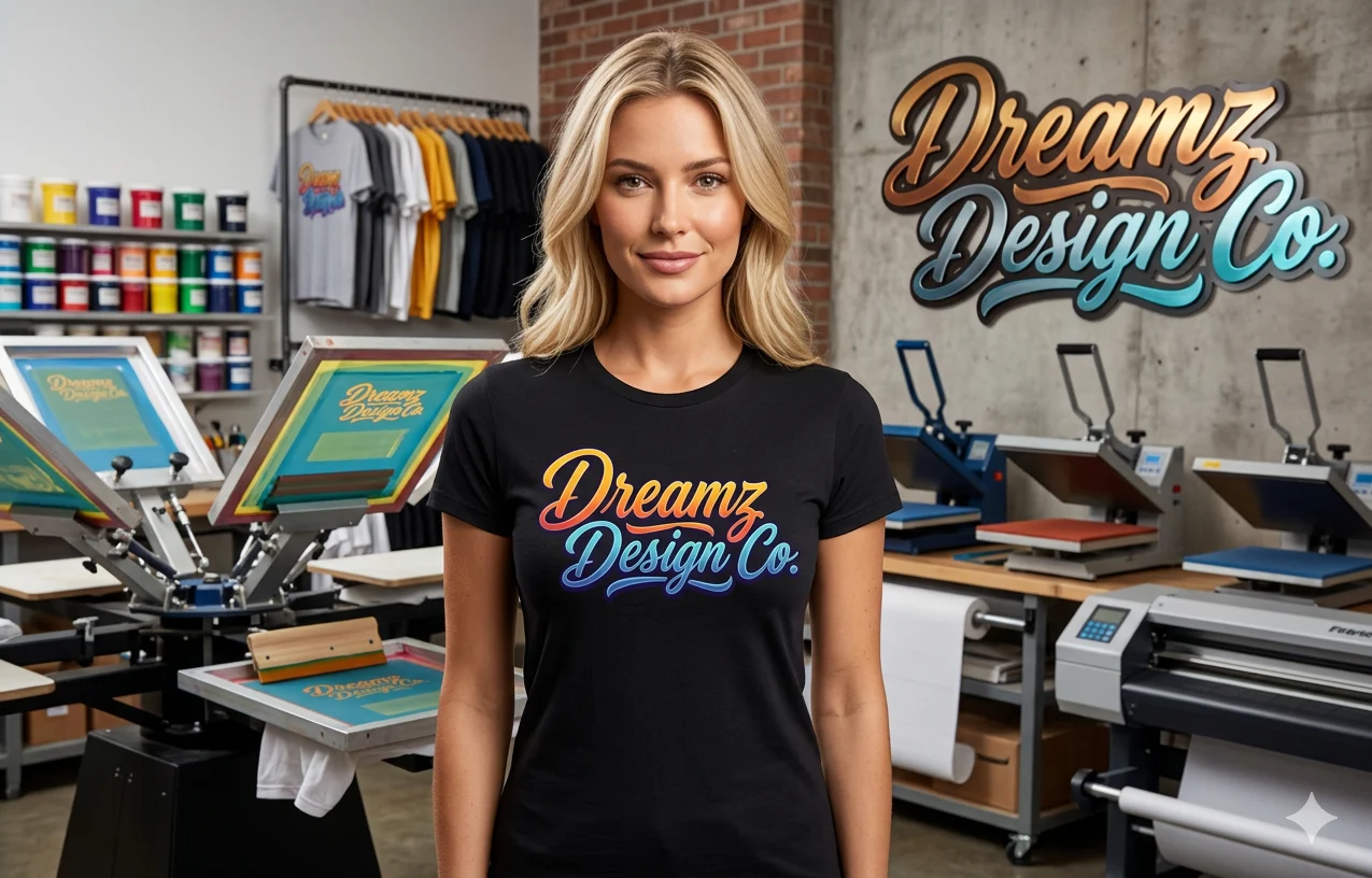 Dreamz Design Co logo on t-shirt and printing equipment in the background Woman wearing Dreamz Design Co t-shirt in a custom printing shop.