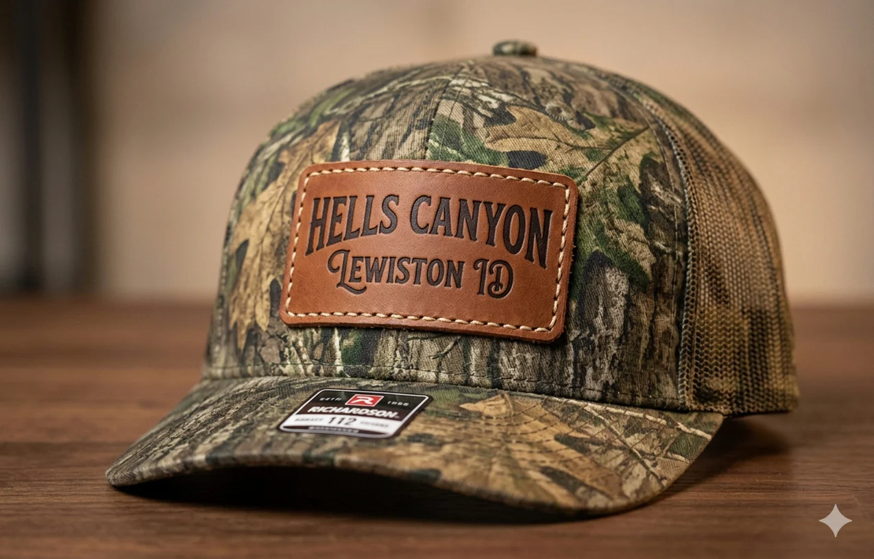 Hells Canyon Lewiston Cap Camo baseball cap with "Hells Canyon Lewiston ID" patch.