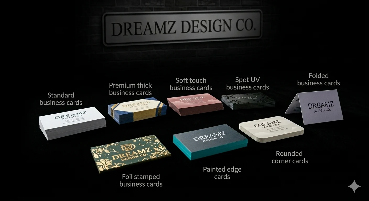 Dreamz Design Co business card options Collection of premium business cards including thick, soft touch, UV spot, foil stamped, painted edg.