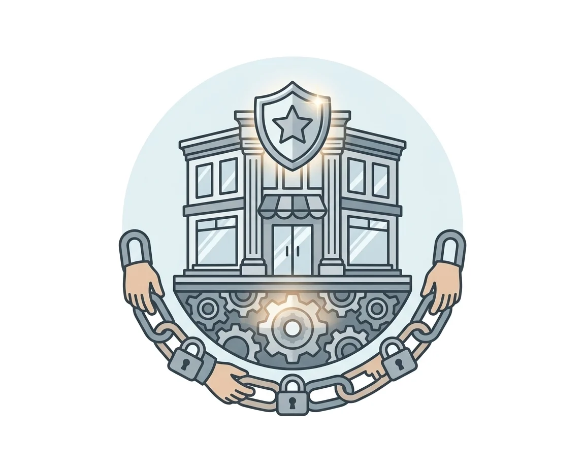 Secure building protection and cybersecurity concept illustration.