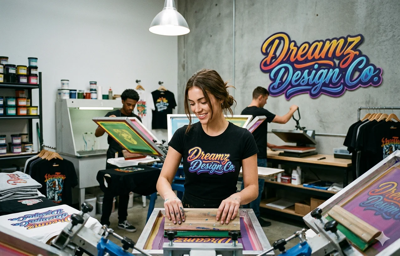 Dreamz Design Co T-Shirt Printing Studio Creative team printing custom t-shirts at Dreamz Design Co studio.