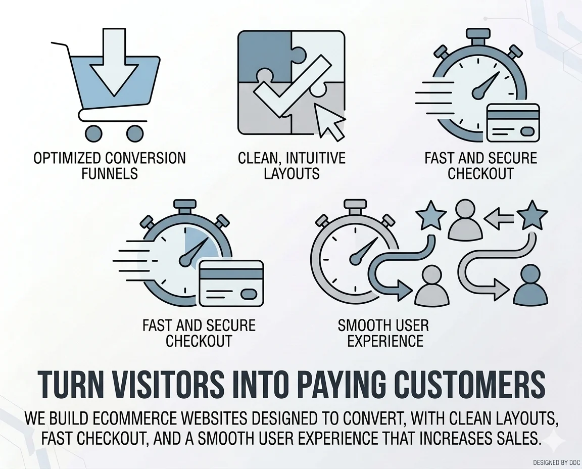 Ecommerce website design with optimized funnels, clean layouts, fast checkout, and user experience t.