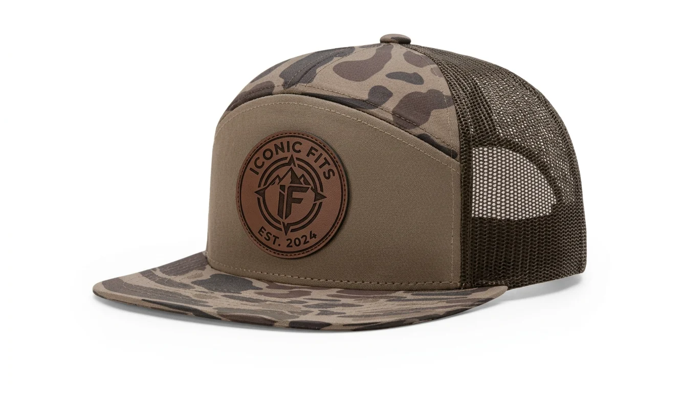 Logo trucker hat with camouflage pattern and leather patch.