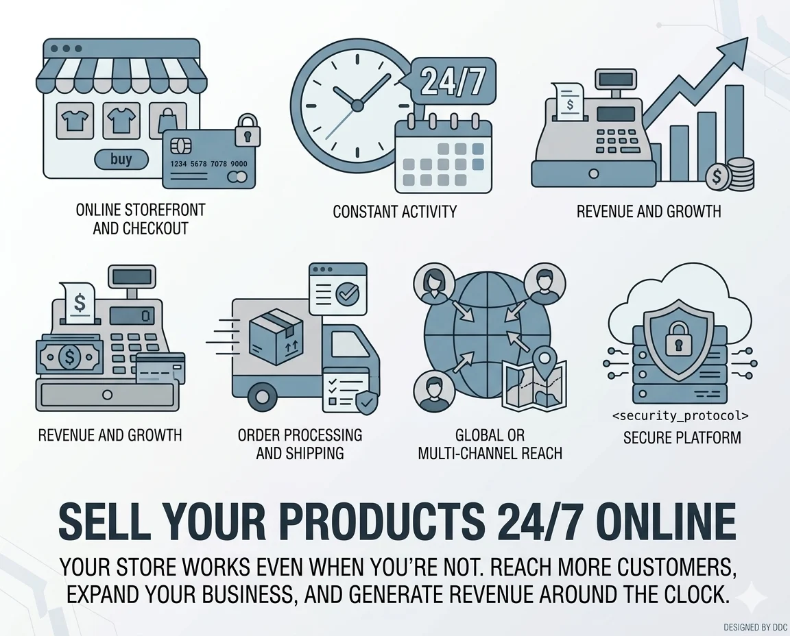 Online store and checkout process with secure payment options and global reach.