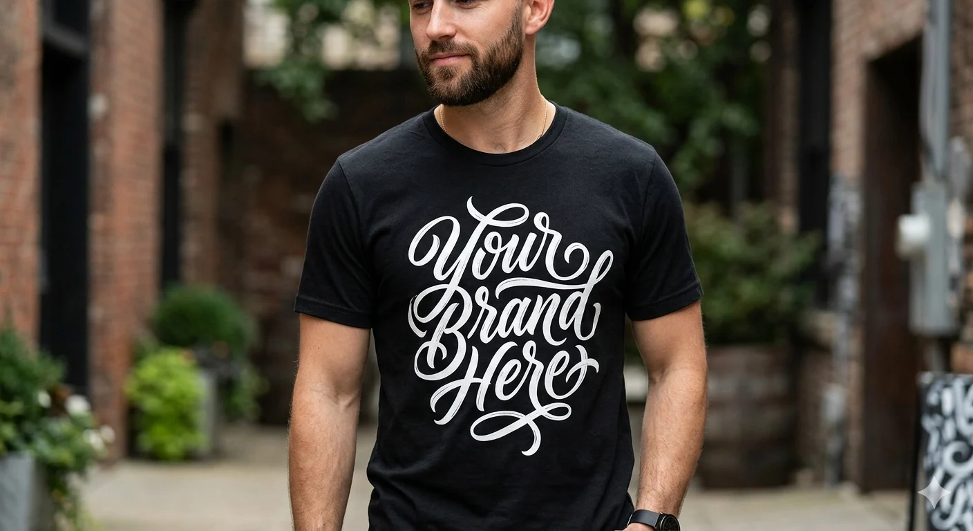 Dreamz Design Co T-Shirt Mockup Custom black T-shirt with "Your Brand Here" text for branding or marketing.