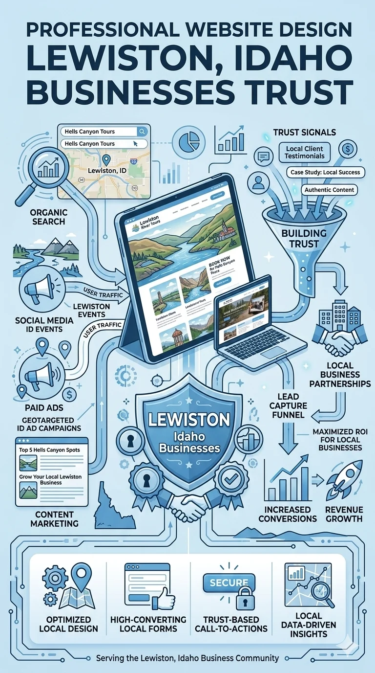 Online business growth and digital marketing strategy illustration. Professional website design for Lewiston Idaho businesses, building trust and increasing online visi.