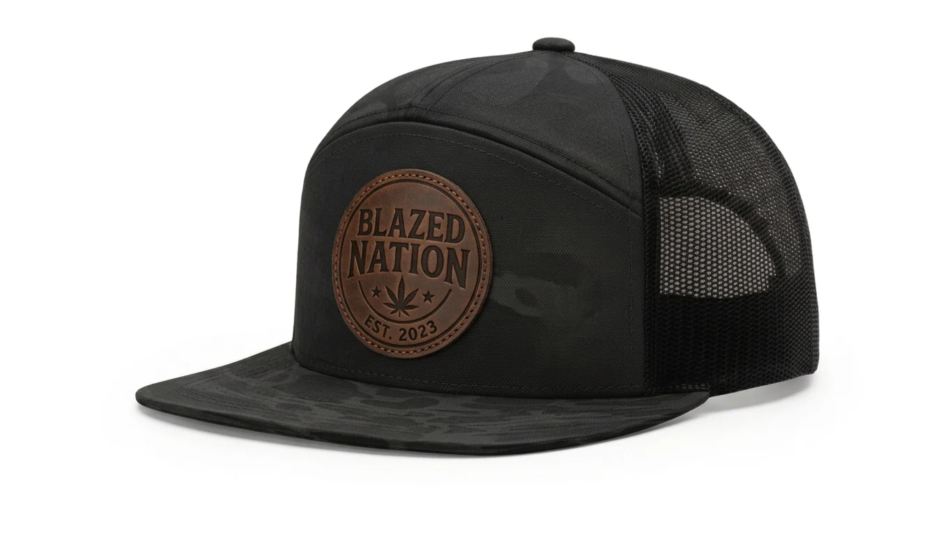 Black trucker hat with Blazed Nation logo patch, stylish and comfortable.