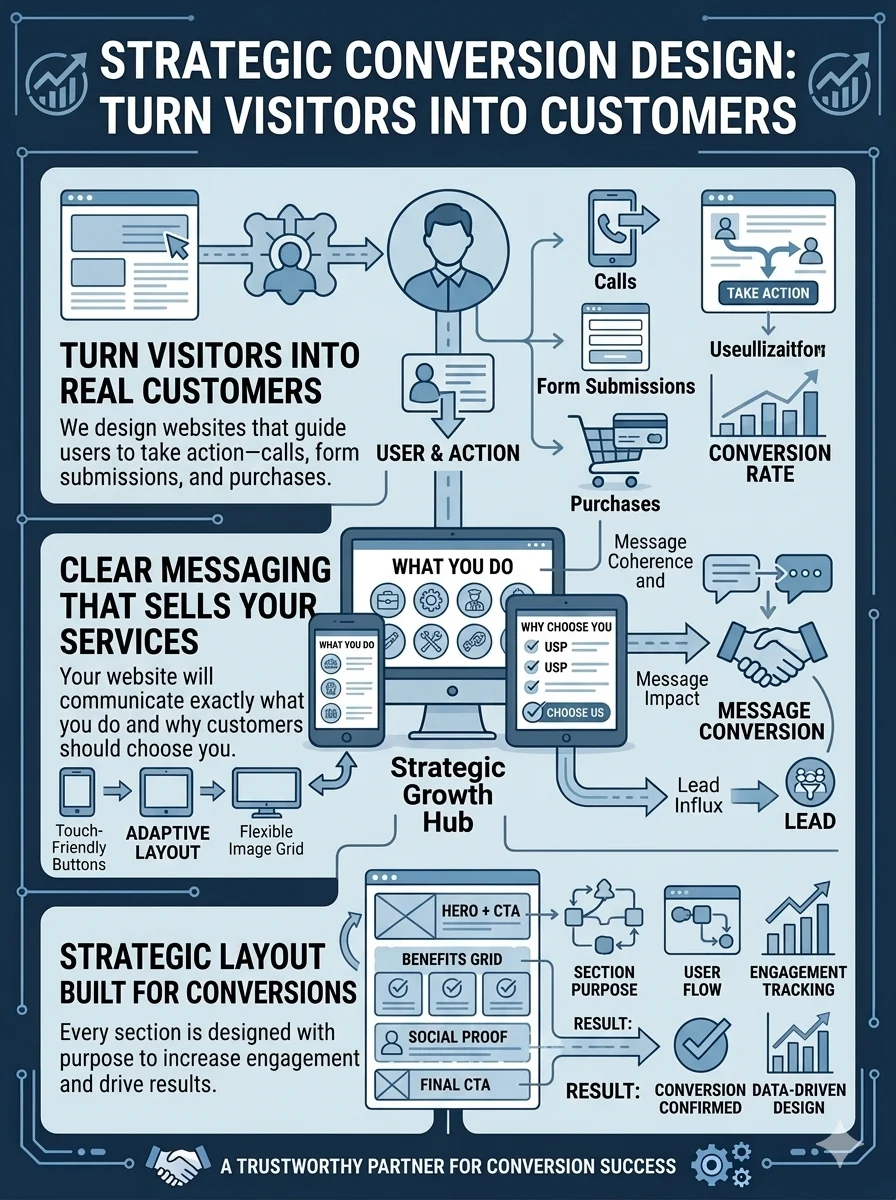 Dreamz Design Co: Web Design & SEO Diagram illustrating strategic conversion design to turn visitors into customers.