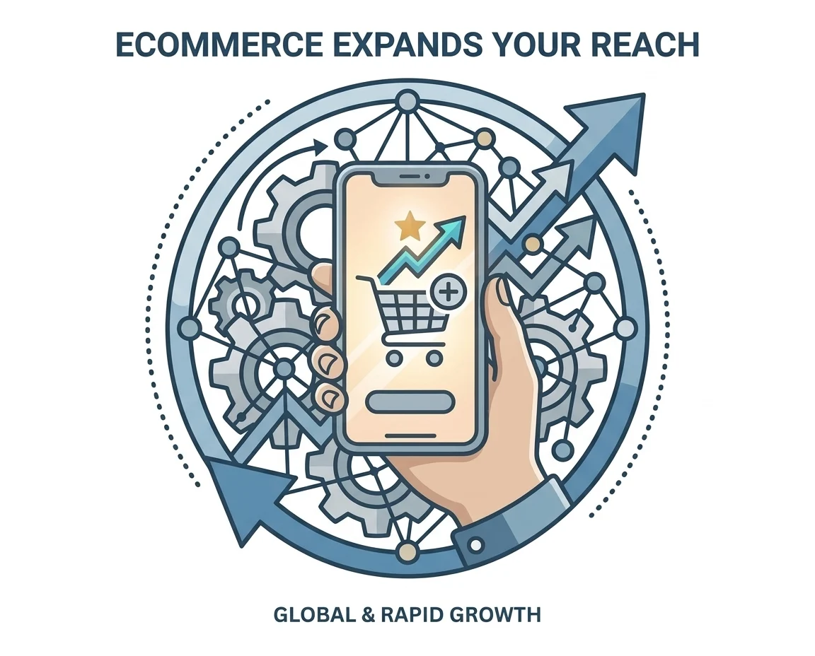 Ecommerce growth and global expansion concept with a smartphone, gears, and upward arrow.